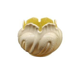 Belleek Ireland Ivory Cream Cabbage Leaf Bowl Yellow Iridecent Inside